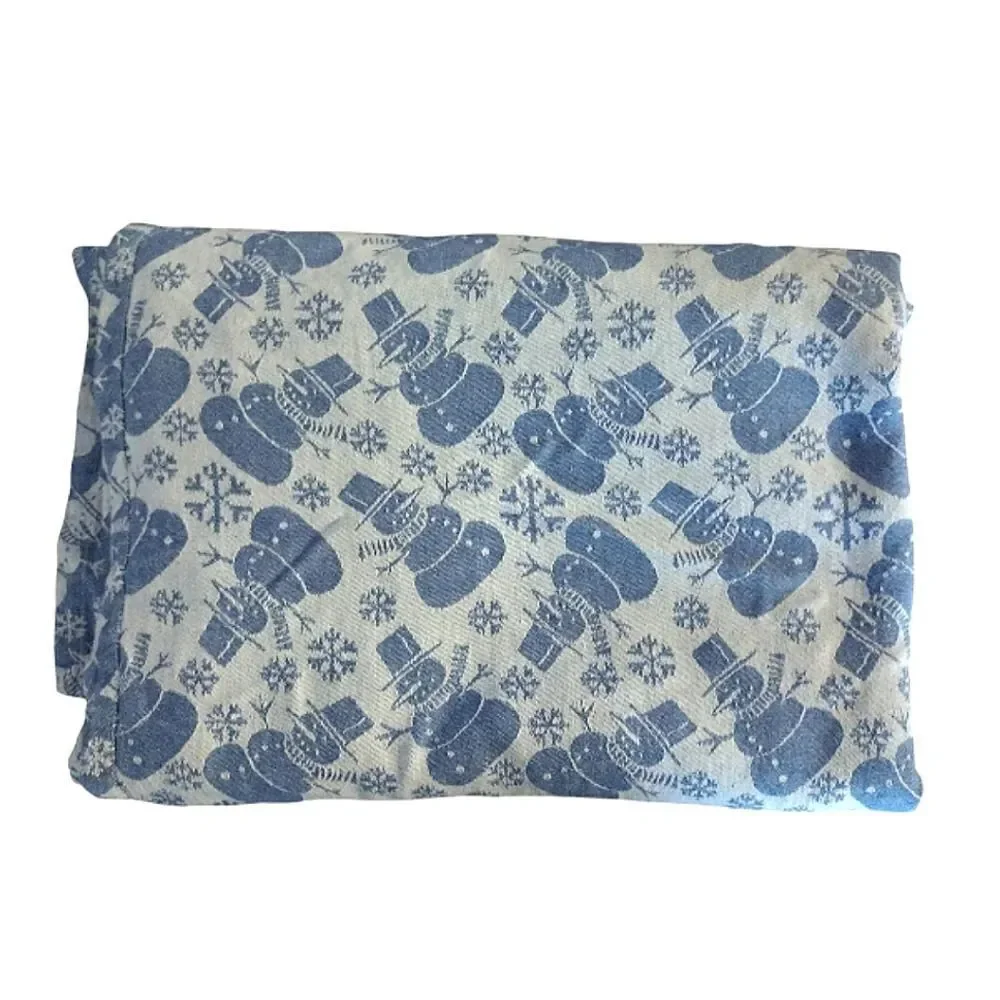 VTG‎ Blue White Snowman Textured Print Christmas Table Cloth 52